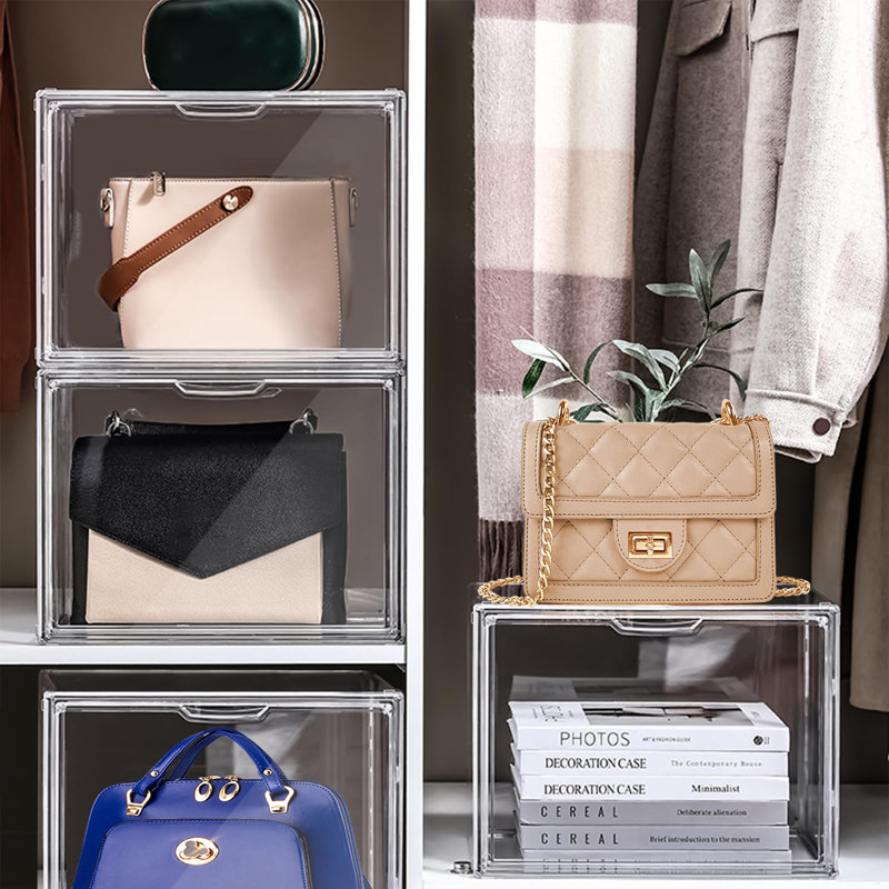 Rebrilliant Handbag Storage Organizer For Closet Acrylic Display Case For Purse And Handbag Stackable Storage Organizer With Magnetic Door For Wallet Book Cosmetic Toys Display 4 Packs Wayfair